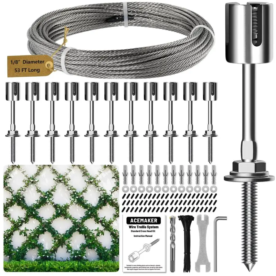 

Опоры для вьющихся растений для улицы, набор из 12 настенных проволочных решеток с тросом из нержавеющей стали 1,8 дюйма x 53 фута, система эспальеров T316