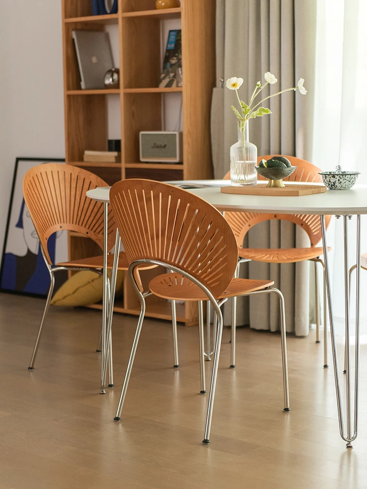 Pre-loved chair, wabi-sabi solid wood dining chair, single simple living room, wooden backrest, metal foot makeup chair,