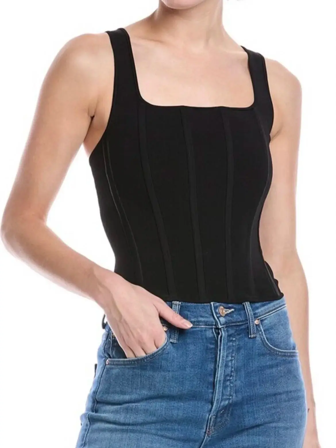 

Women Black or White Tank Tops Back Zipper Square Collar Sleeveless Fashion Slim Vest