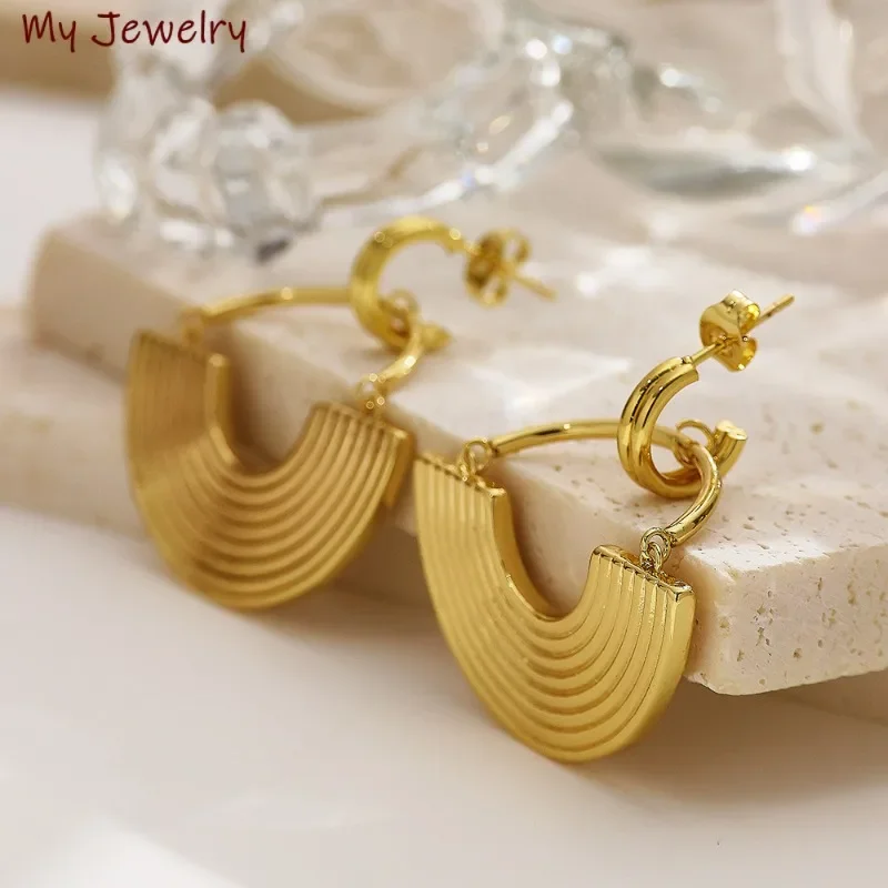 

New Stainless Steel 18k Gold Plated Large Stud Fan Charm Pendant Earrings Geometric Fashion Серьги Женские