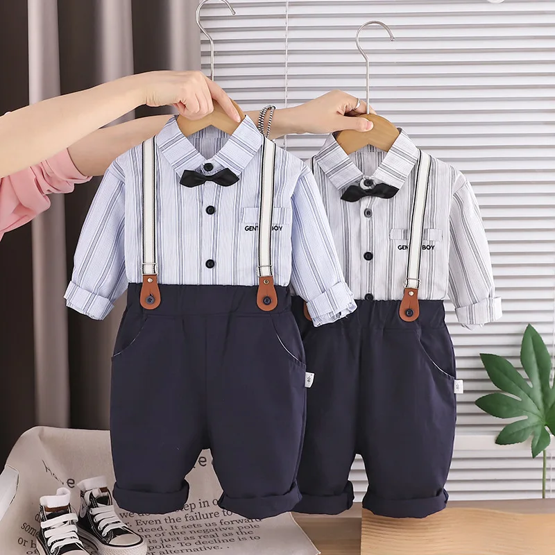 

Наряды джентльмена, костюм на день рождения для мальчика, детский бутик, комплект одежды, полосатая рубашка + брюки на подтяжках, детская хлопковая официальная одежда