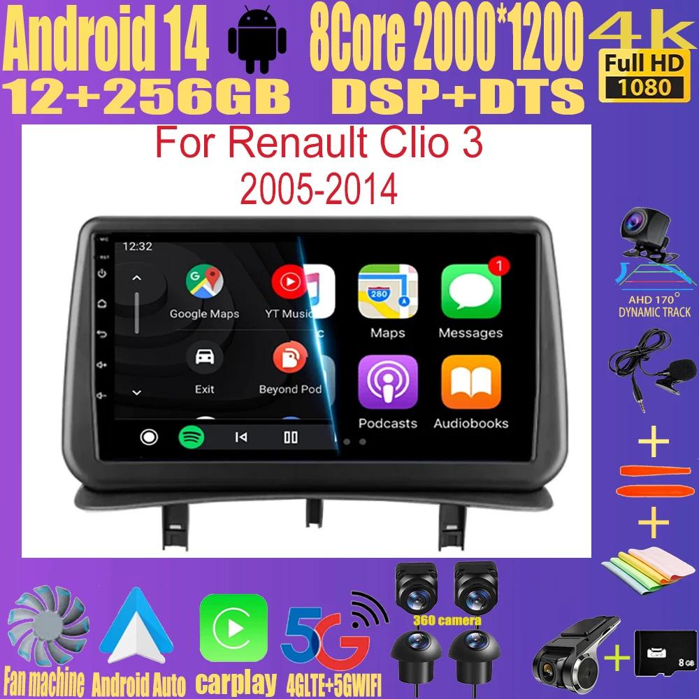 

Android14 Carplay For Renault Clio 3 Clio3 2005 2006 2007 2008 2009 - 2014 Multimedia Car Radio Player Video WIFI+4G DSP Stereo