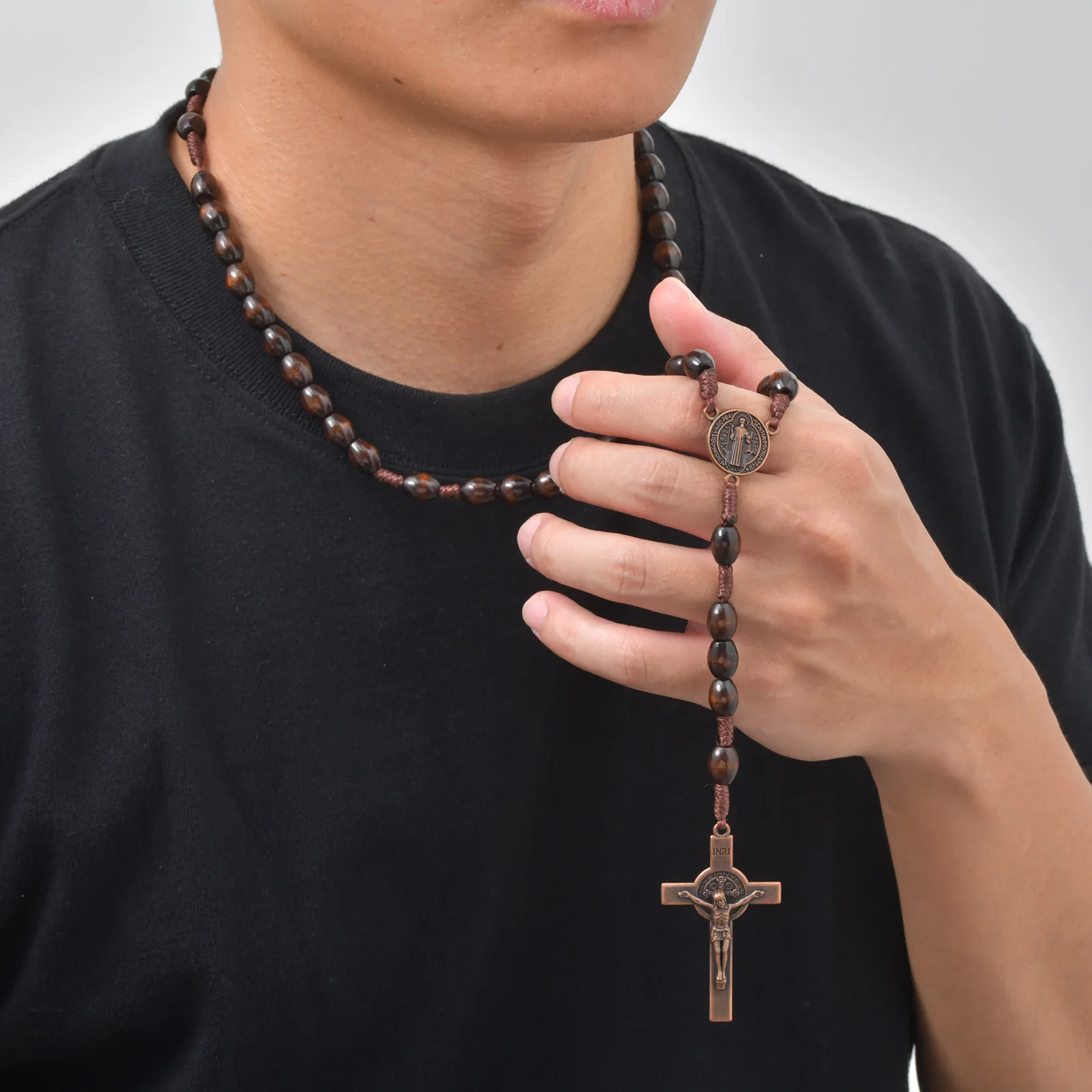 Saint Benedict Rosary Y Necklace for Men,Religious Long Bead Cross Car Pendant Necklace,Religious Orthodox Praying Jewelry - view 4