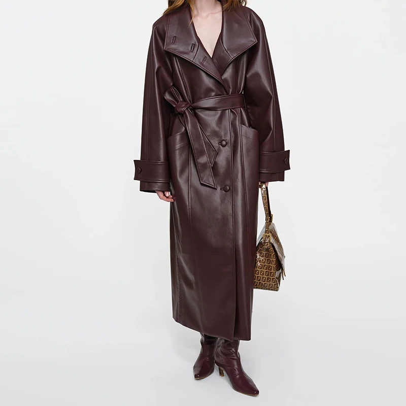 معطف واق من المطر من الجلد الطبيعي لعام 100% للنساء لخريف وشتاء فاخر من جلد الغنم وطية صدر كبيرة وحزام واحد فضفاض طويل ملابس خارجية