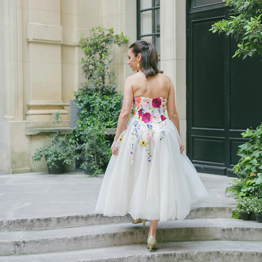 Vestido de sesión de fotos de boda personalizado con flores de colores hasta el tobillo, línea A, baile llamativo, perlas únicas, vestidos de graduación con cremallera