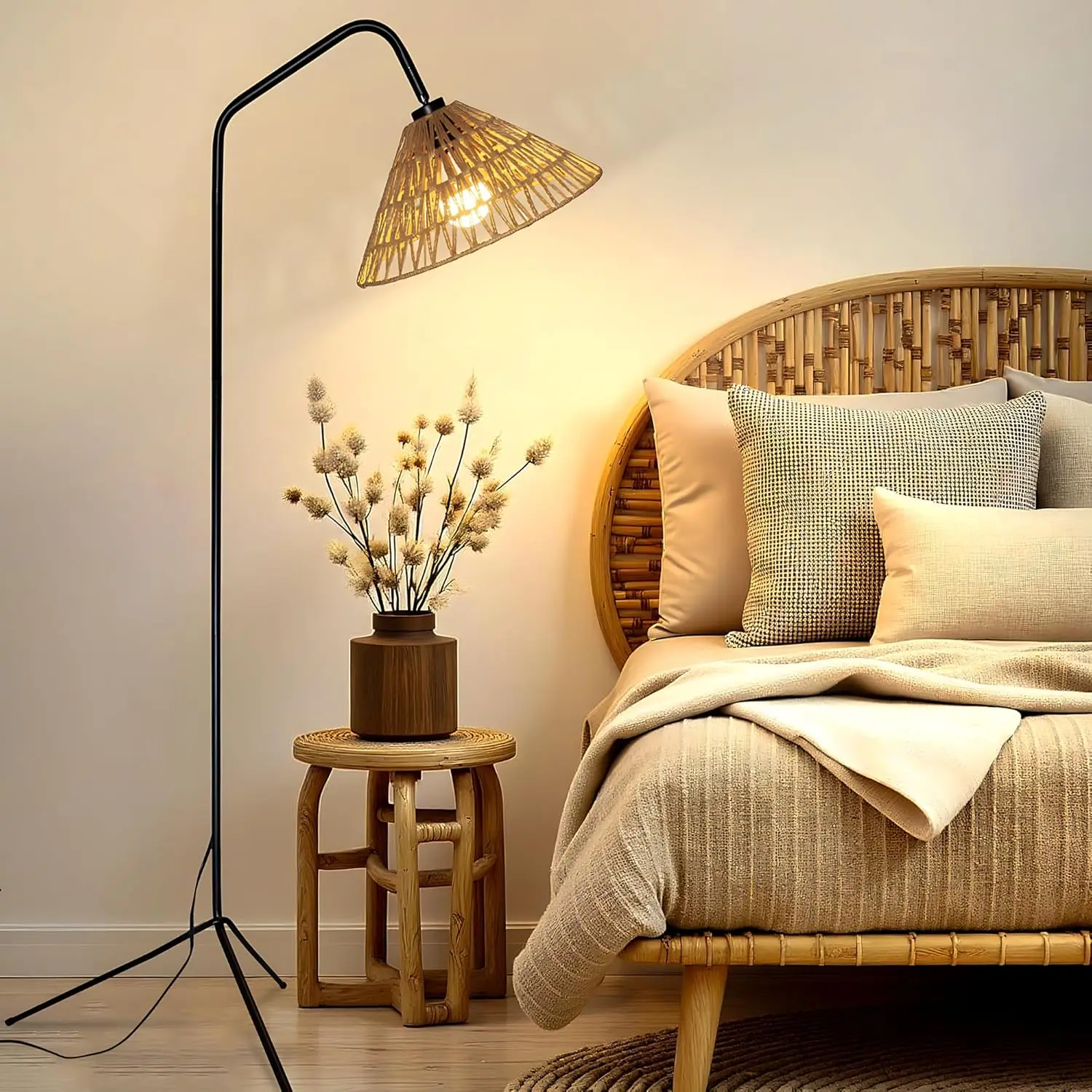 

2025 Arc Floor Lamp with Paper Rope Shade, Boho Style Tripod Standing Lamp for Bedroom, Living Room, Reading