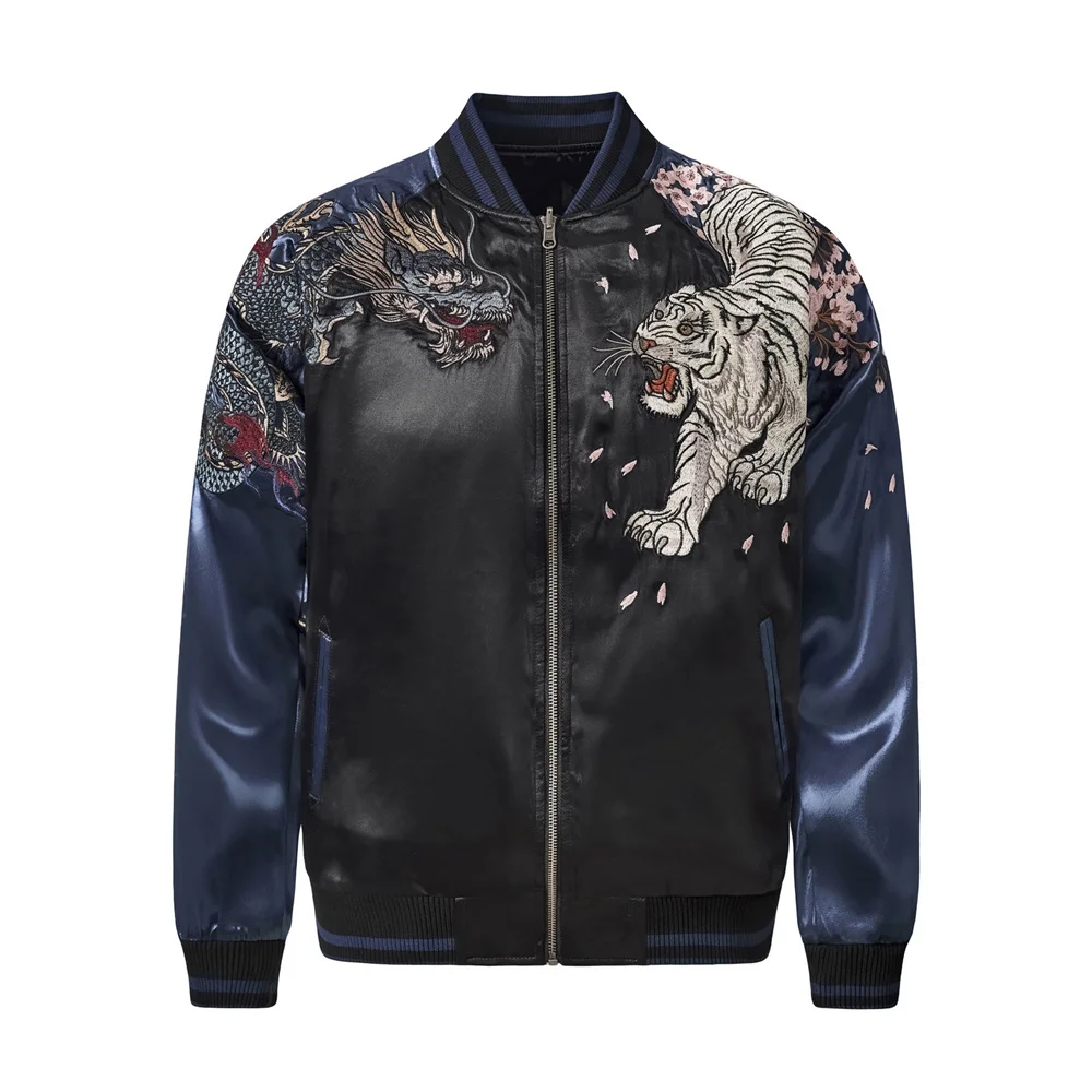 

High Quality Autumn Streetwear Hip Hop Men's Dragon Tiger Phoenix Embroidered Blue Zipper Jacket Harajuku Baseball Coat