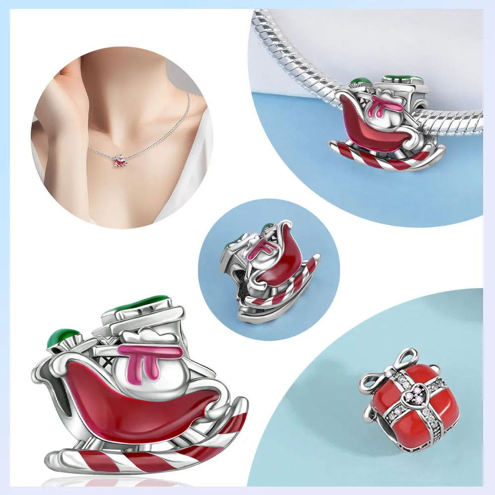 925er Silber vergoldet, Original-Charms, Weihnachten, roter Weihnachtsmann, Schneemann, Geschenkbox, Perlen für Armbänder, Damenschmuck, Geschenk