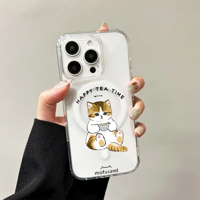 Niedliche Tee-Mofusand Kabellose Ladehülle für iPhone 17 Air 16 E 15 14 Plus 13 12 Mini 11 Pro Max Silikon-Hartschale