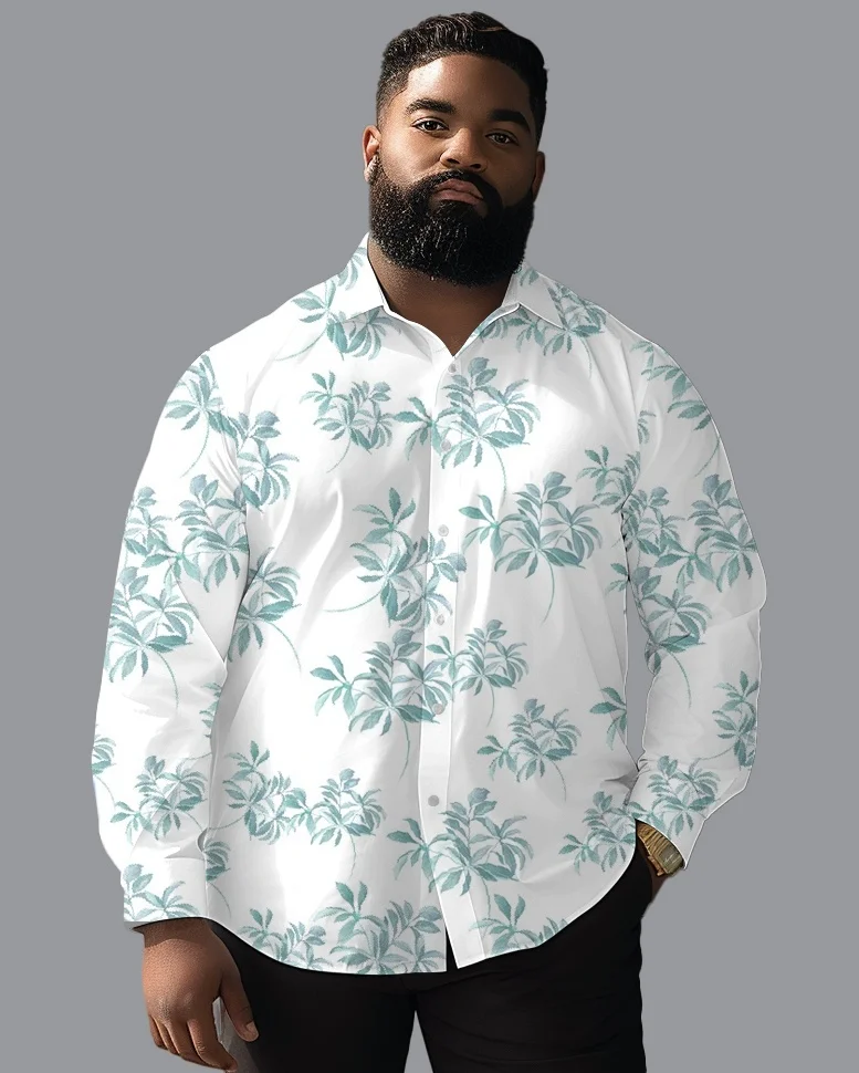 Men's Plus Size Long Sleeve Button-Up Shirt, Botanical Prints with Flowers, Leaves or Trees on Light Colors for Casual Travel