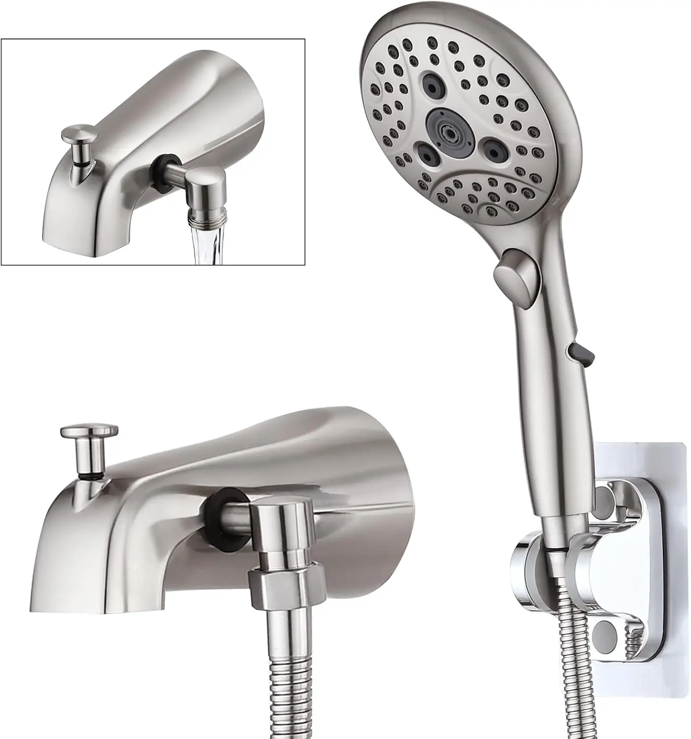 

All Metal Tub Spout with Diverter, 6-Setting Handheld Shower with On/Off Switch, Brushed Nickel
