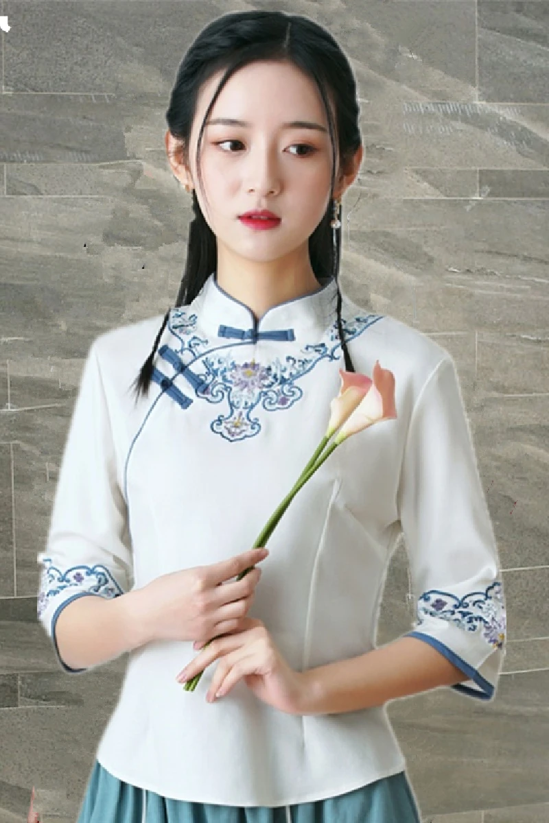 Melhor cheongsam topo feminino 2022 novo traje bordado tang traje estilo chinês hanfu camisa de manga de sete pontos