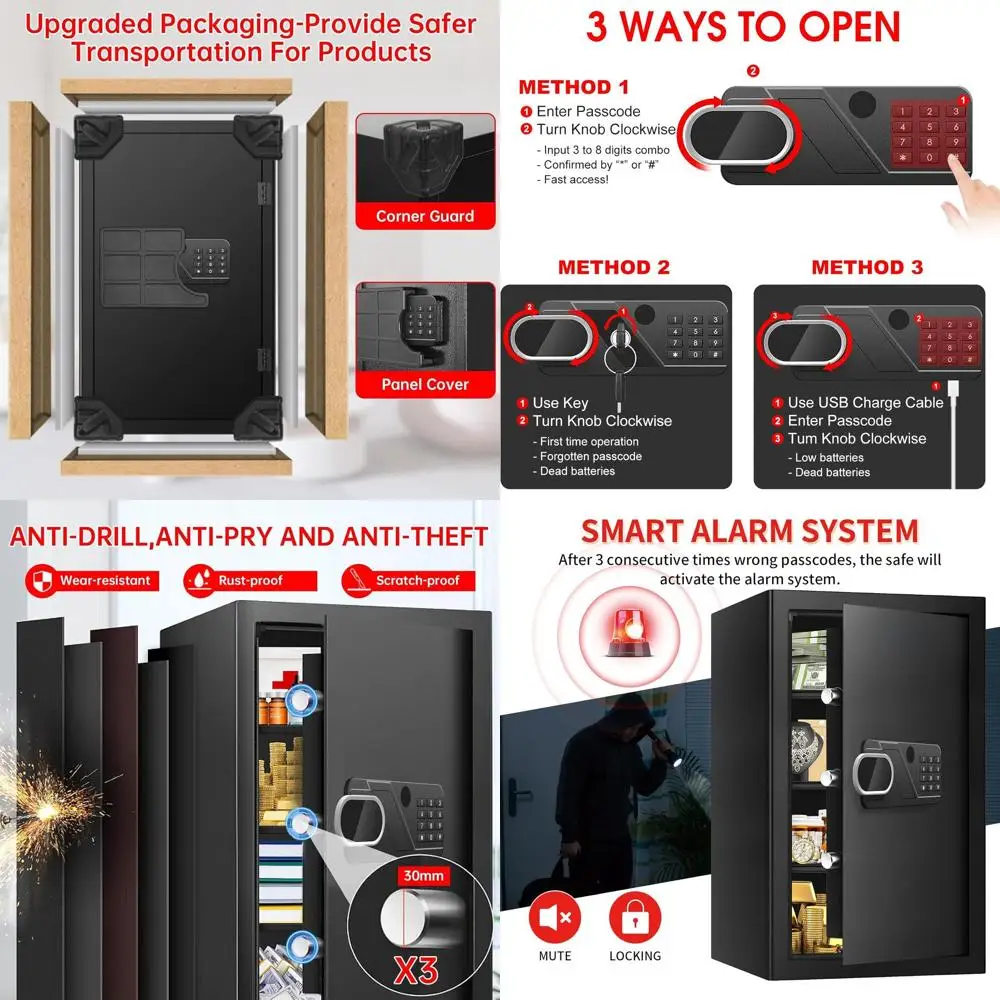 

Большой водонепроницаемый сейф с программируемой клавиатурой, запасными ключами и системой сигнализации для домашней безопасности и хранения ценных вещей