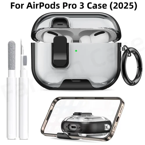 Para AirPods Pro 3 funda 2025 con soporte para teléfono y Kit de limpieza funda protectora de cuerpo completo para AirPods Pro 3 con llavero para mujeres y hombres
