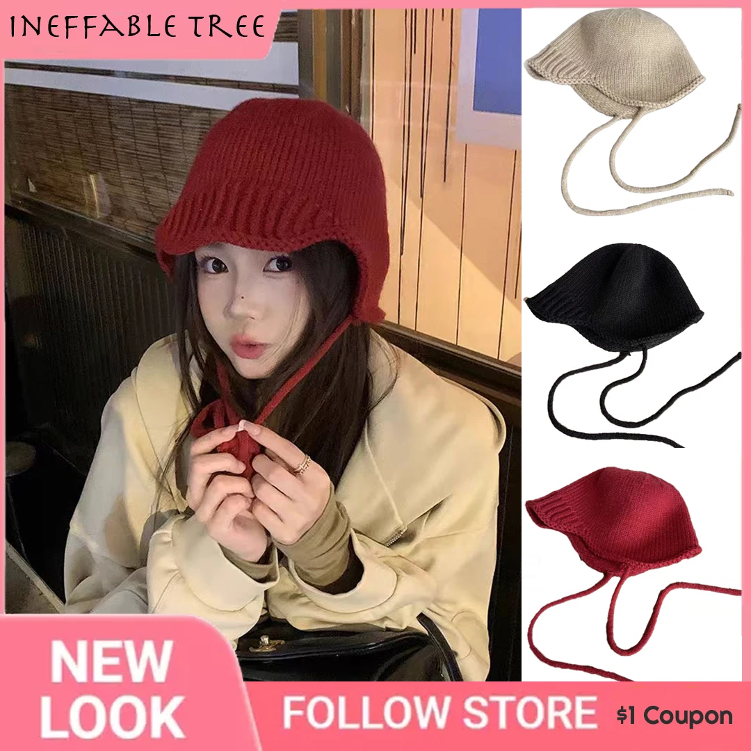 

Korea Autumn Winter Knitted Caps for Women Halloween Red Windproof Warm Earmuffs Outdoor Ear Protection Bomber Hats Sombreros