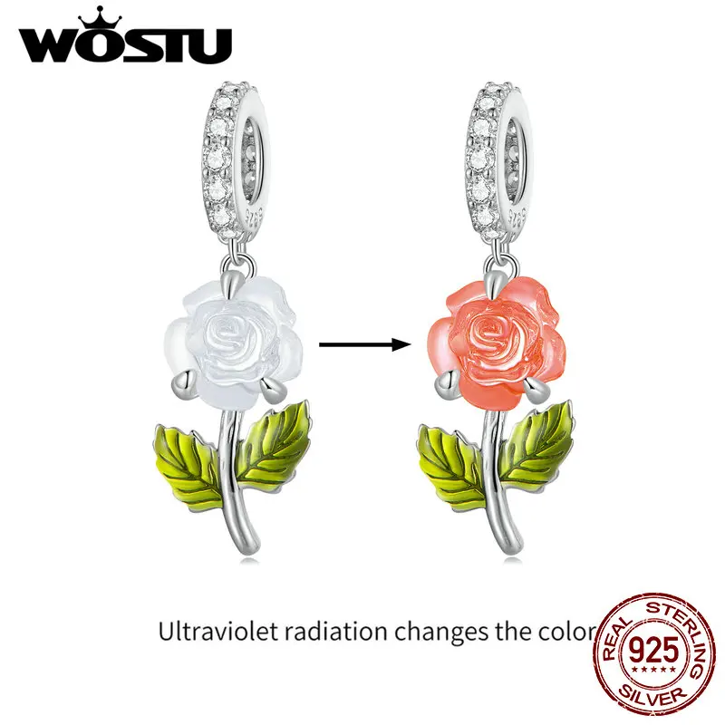 WOSTU Real 925 Sterling Silver Change Color Charms Pendant Rose Flower Beads for DIY Bracelet and Necklace Jewelry Making Gift