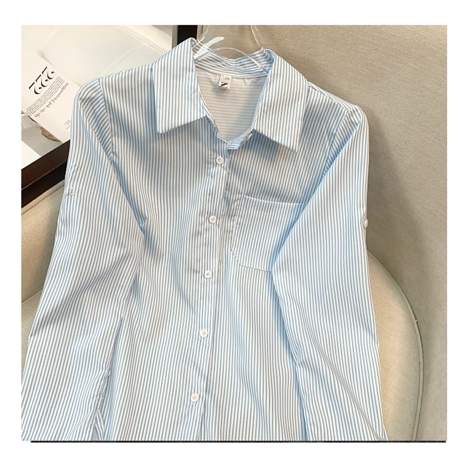 

Simple Blue Striped Loose Casual Women's irt Brand Tagl Faion Top Korean Sle Collar Long Sve Regular Fit