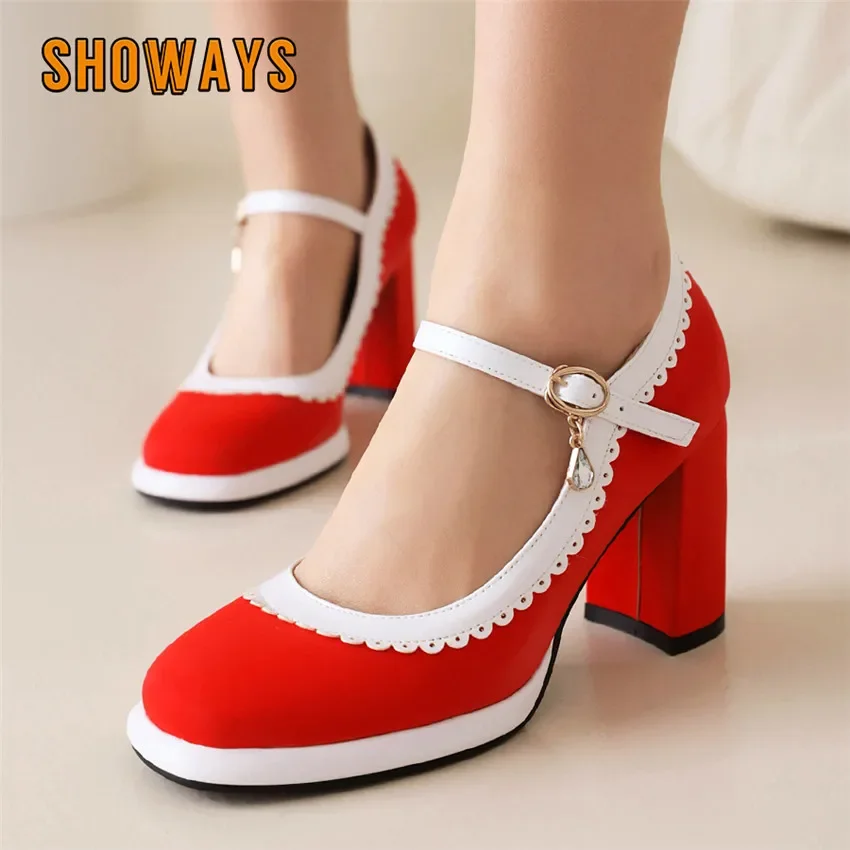 

Elegant Satin Women Mary Janes Rosy Red Green High Chunky Heels Lace Bordered Wedding Party Office Lady Round Toe Platform Pumps