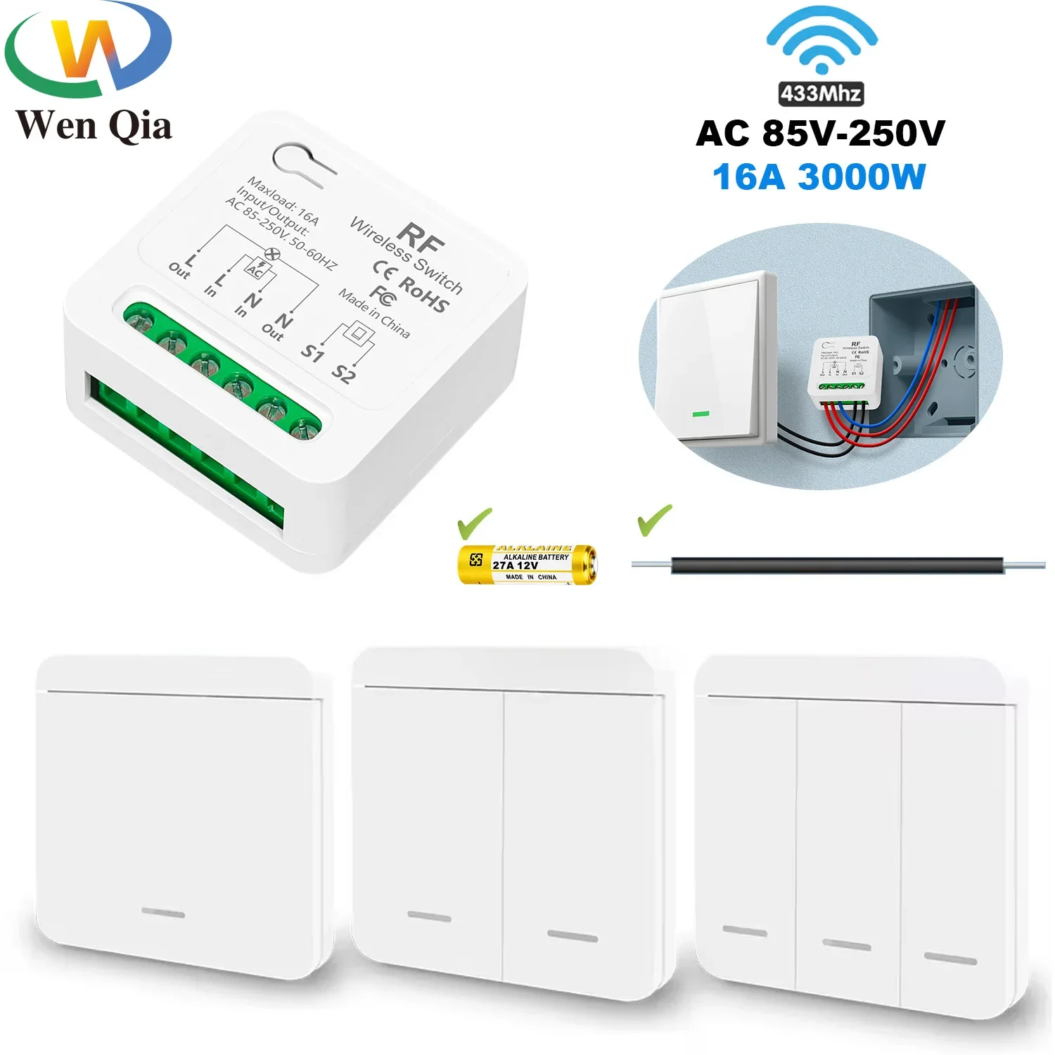 433Mhz Bezprzewodowy inteligentny włącznik światła 86 Panelowy zdalny włącznik AC 110V 220V 230V 240V 16A 3000W Mini przekaźnik odbiornik do lampy