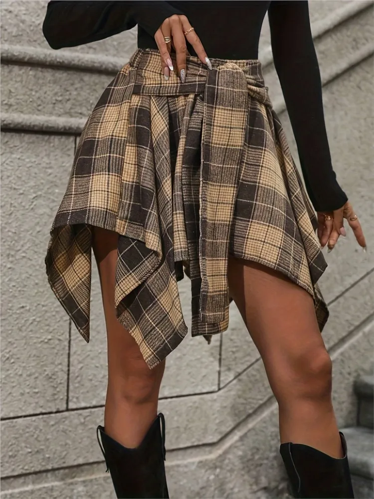 

New Fashion Asymmetrical Plaid Wrap Sleeve Fake Shirt Skirt - High Waist A-line Mini Skirt Women's Spring Summer Casual Outfit