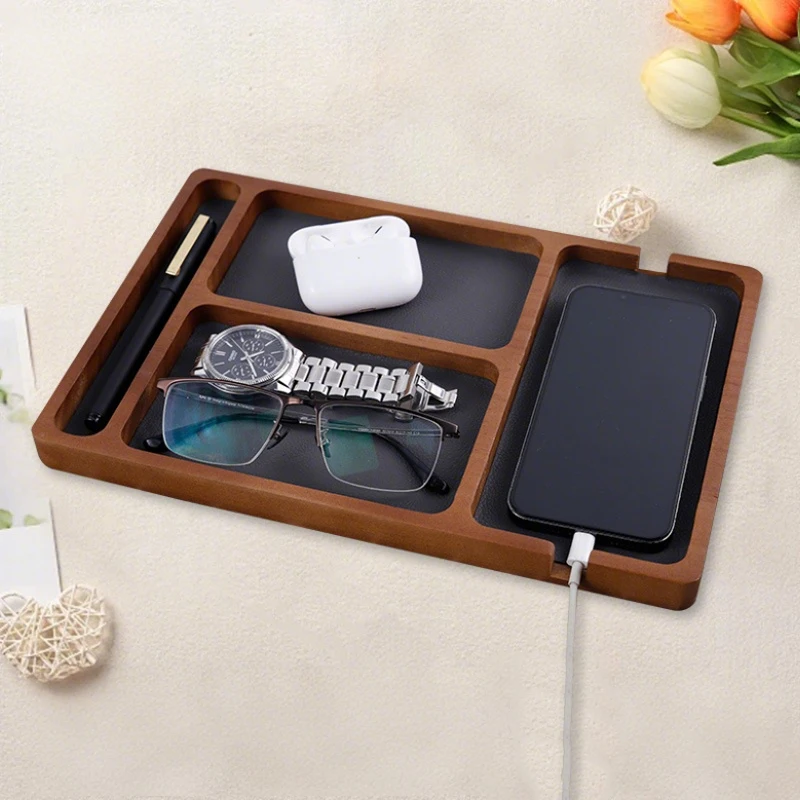 Holz-Desktop-Aufbewahrungsbox mit Fächern für Brillen, Telefon, Kopfhörer, Kleinigkeiten, Massivholztablett, Büro und Zuhause