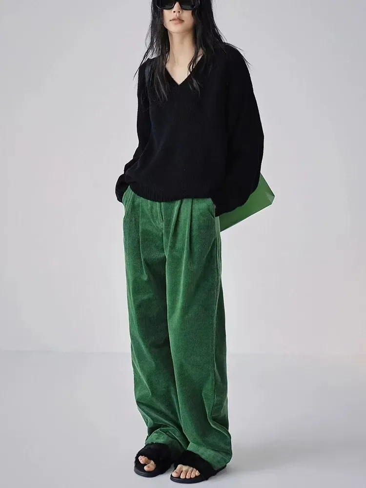 المرأة عادية سروال قصير أخضر بلون خمر Sweatpants الإناث عالية الخصر الخريف فضفاض واسعة الساق بنطلون