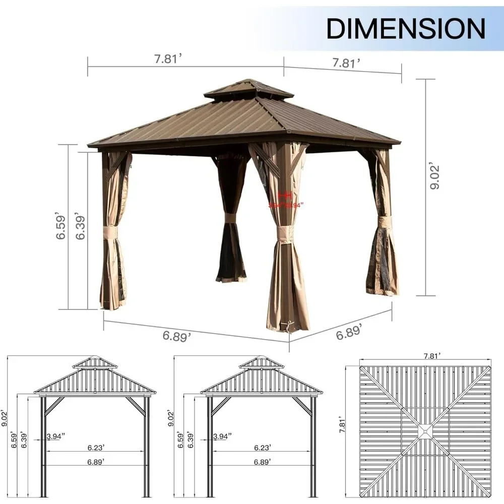 8 'X 8' Hardtop kanopi Gazebo dengan jaring & tirai, Gazebo luar ruangan dengan baja tergalvanis atap ganda untuk teras rumput