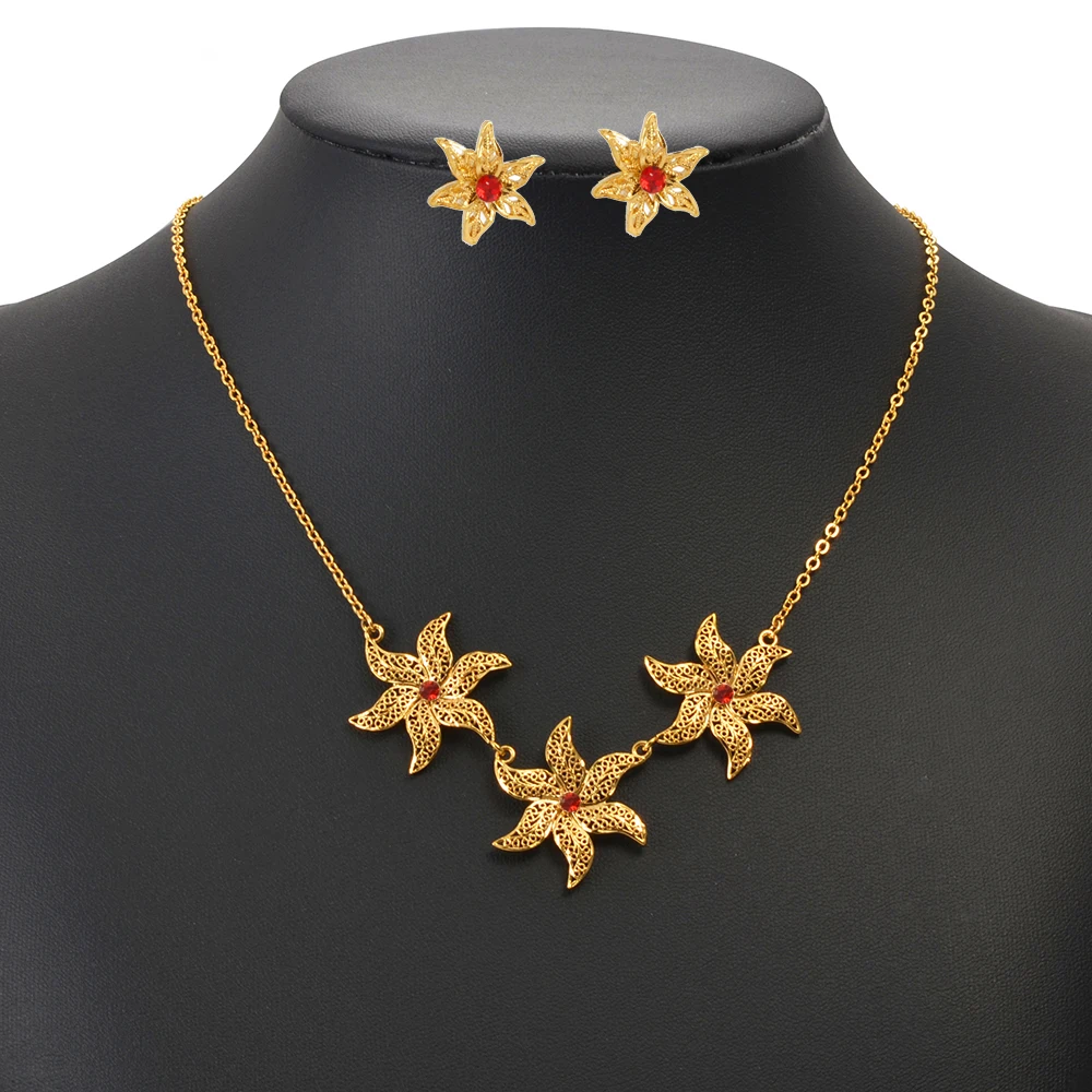Anniyo 45CM African Flower Necklaces Earrings for Women Girls Mayotte Jewelry Mom Gifts @351806