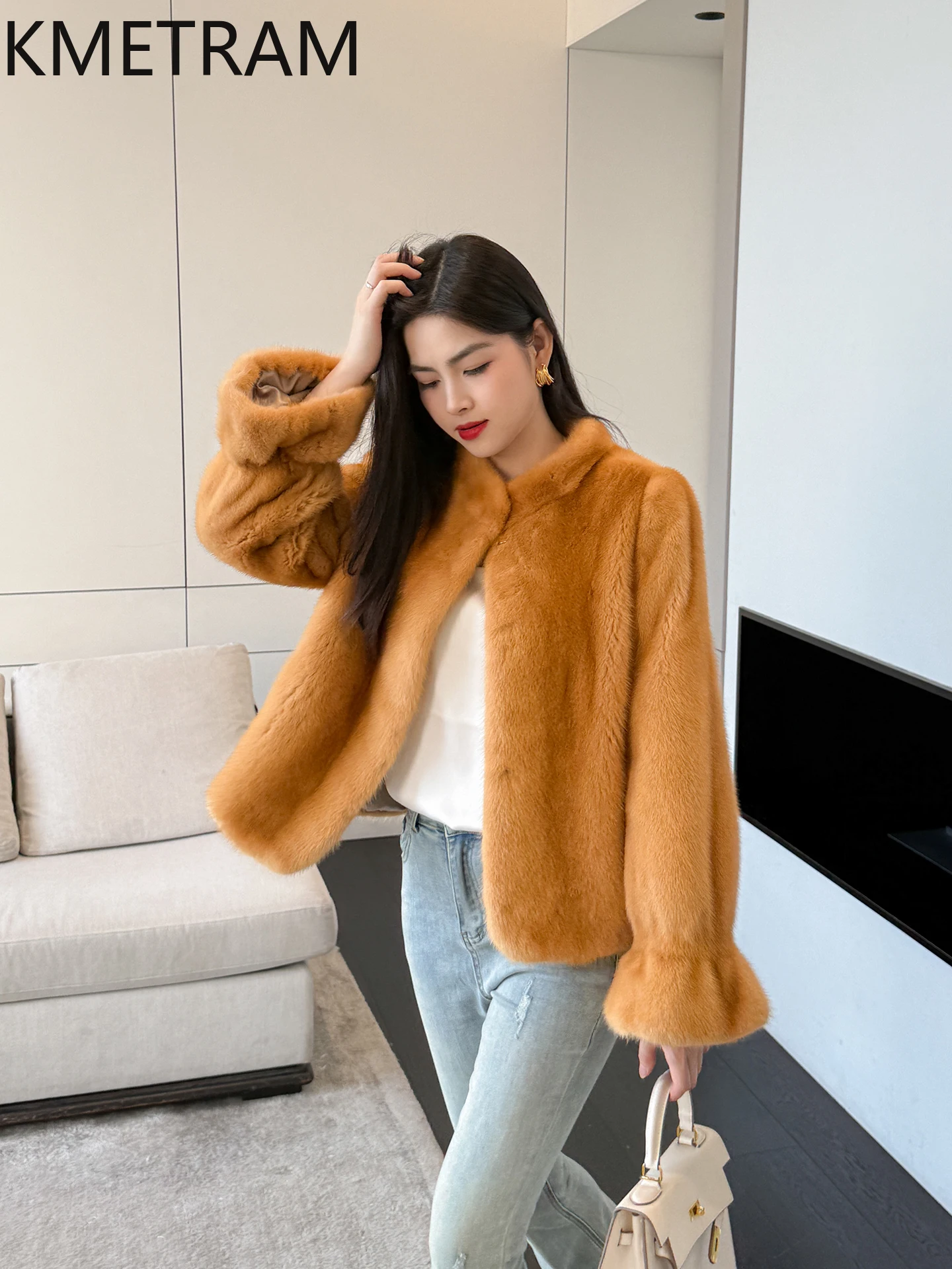 KMETRAM 100% ミンク毛皮ジャケット レディース スタンドカラー ショート丈 本物の毛皮コート フレア袖 冬服 女性用 2025年モデル