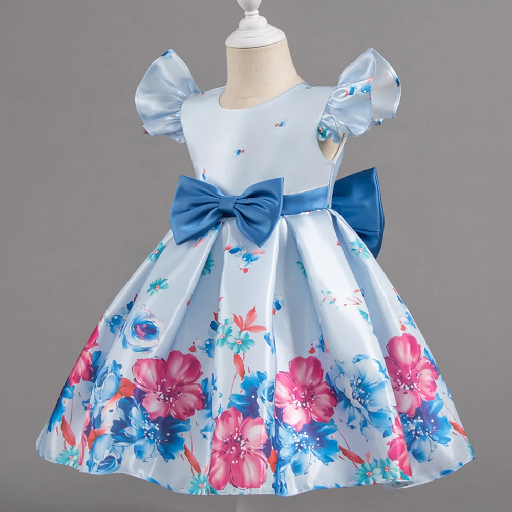 HETISO Flower Printed Summer Casual Dresses for Girls Cute Sweet Bowknot Kids Child Gown 1-6 Years