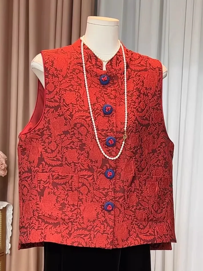 

New Chinese Style Women's Vest Loose Floral Embroidery Spring 2026 Mom's Loose Fit Open Cardigan Backless Polyester Fiber