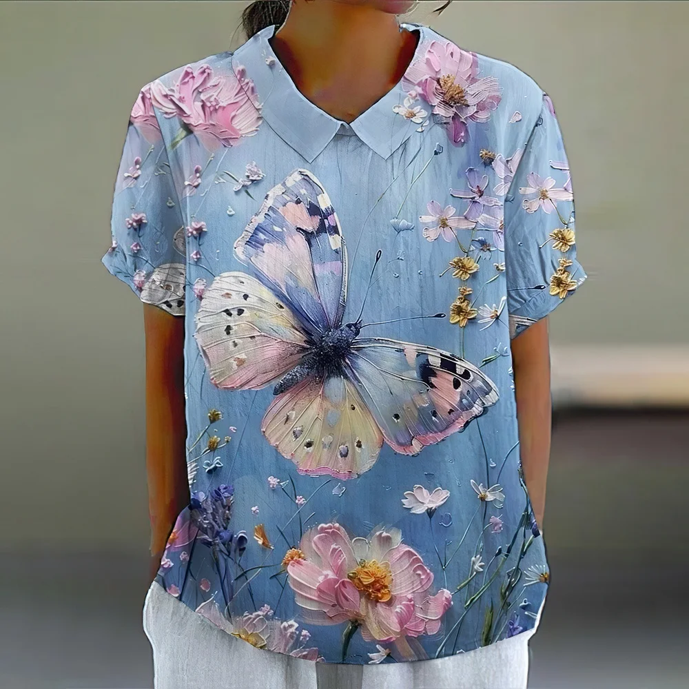 

Women's Oil Painting Floral Printed Casual Cotton and Linen Top Summer Short Sleeve Fashion Clothing Outdoor Fashion T-Shirts
