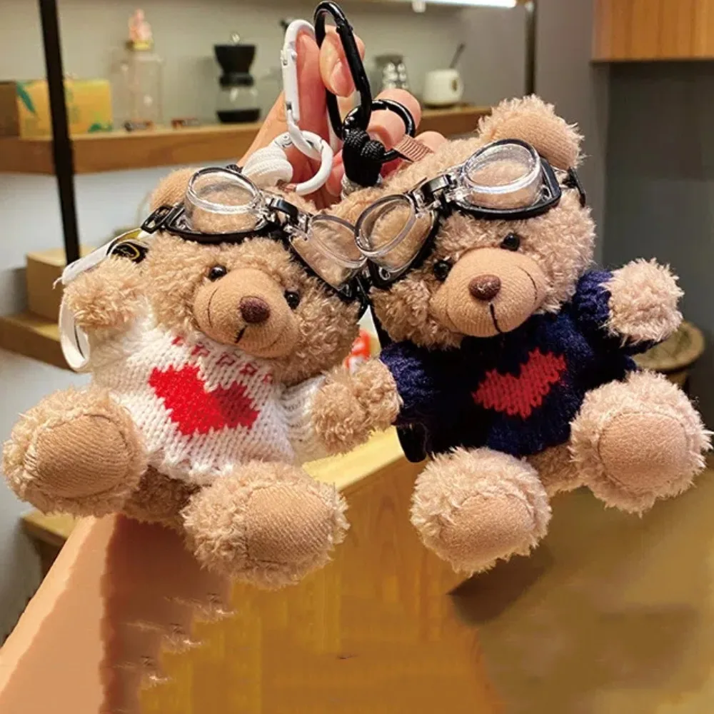 Kawaii Goggles Pilot Bear Keychain Pearl Bell Plush Bear Key Ring