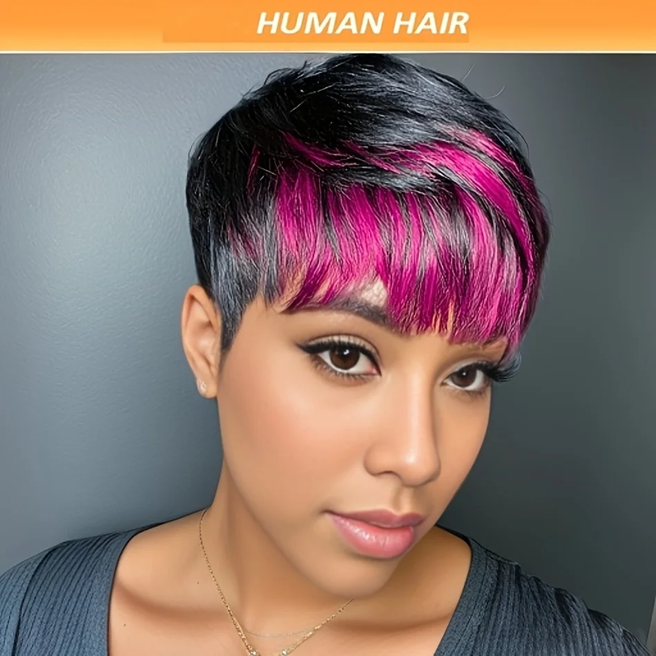 شعر مستعار بشري بقص بيكسي للنساء 1B/أرجواني قصير مستقيم بنمط كامل مصنوع آليًا مثاليًا للنساء #3