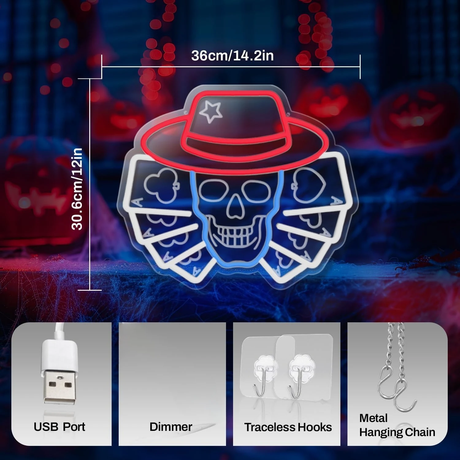 الجمجمة بوكر النيون تسجيل USB عكس الضوء LED ضوء النيون لغرفة الألعاب بار رجل الكهف مخيف الموسم هالوين حفلة مسكون ديكور المنزل #3