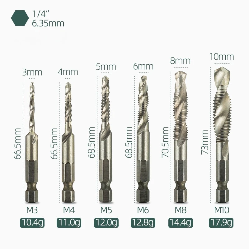 Titanium Plated Tap Drill Bits Set Hex Shank HSS Screw Machine Compound Hand Tools for Drilling And Tapping Metric Threads
