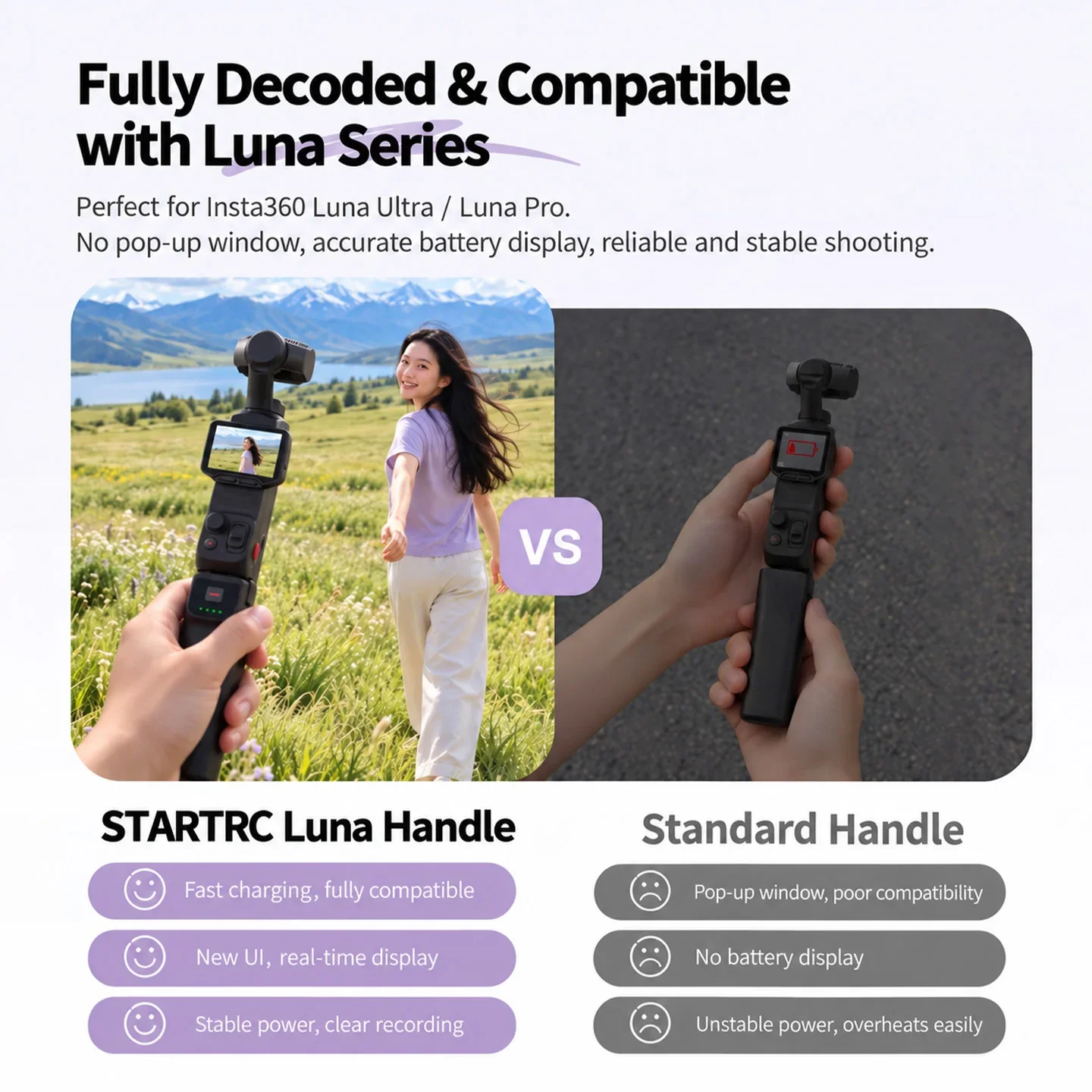 5000mAh Battery Handle for Insta360 Luna Ultra / Pro Hot-Swap Power Grip USB-C Fast Charging for Vlogging Continuous Recording