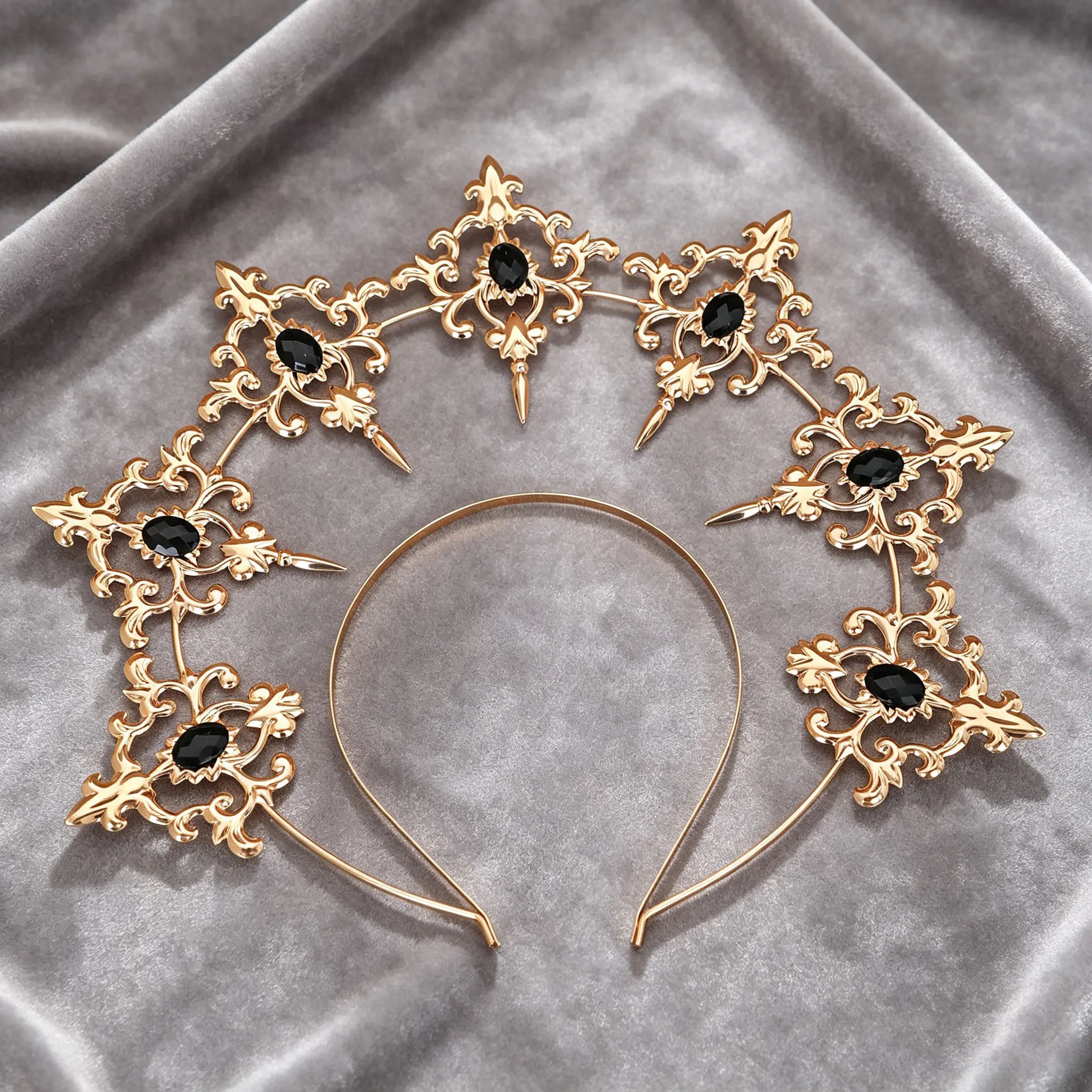 Gotische schwarze Kristall-Halo-Krone für Herren – Königlicher Kopfschmuck im Barock-Stil für Halloween-Cosplay – Detail 14