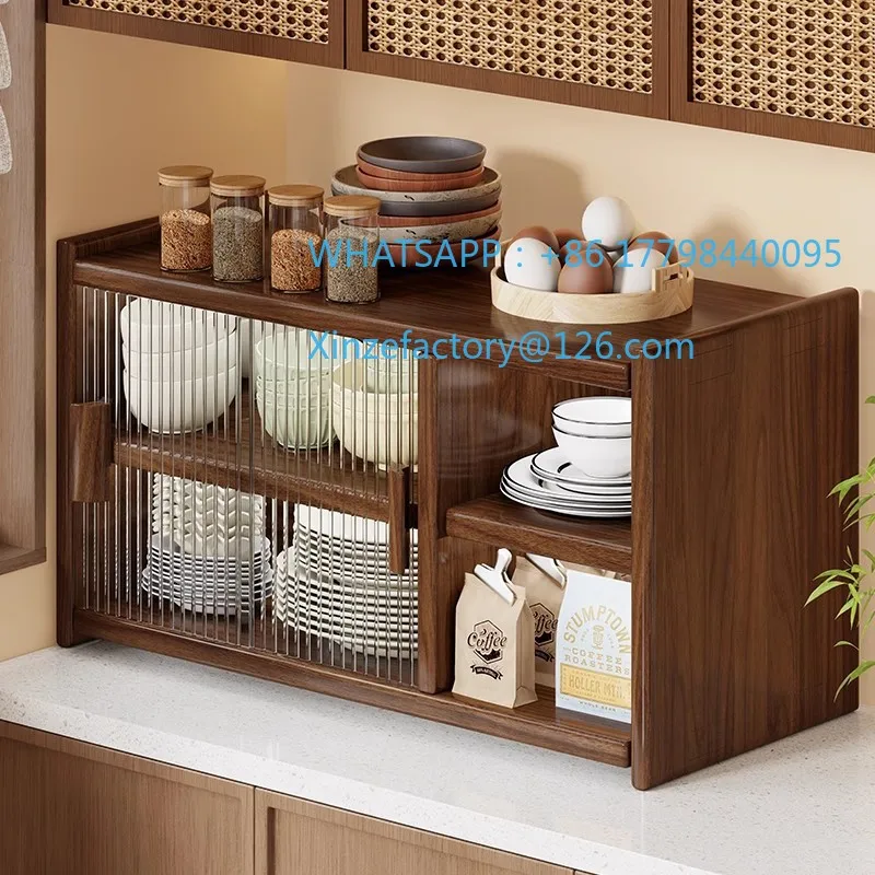 Cupboard Layered Dish Storage Rack Sliding Cabinet Door Dustproof Tableware Storage Rack Household Wooden Multi-functional