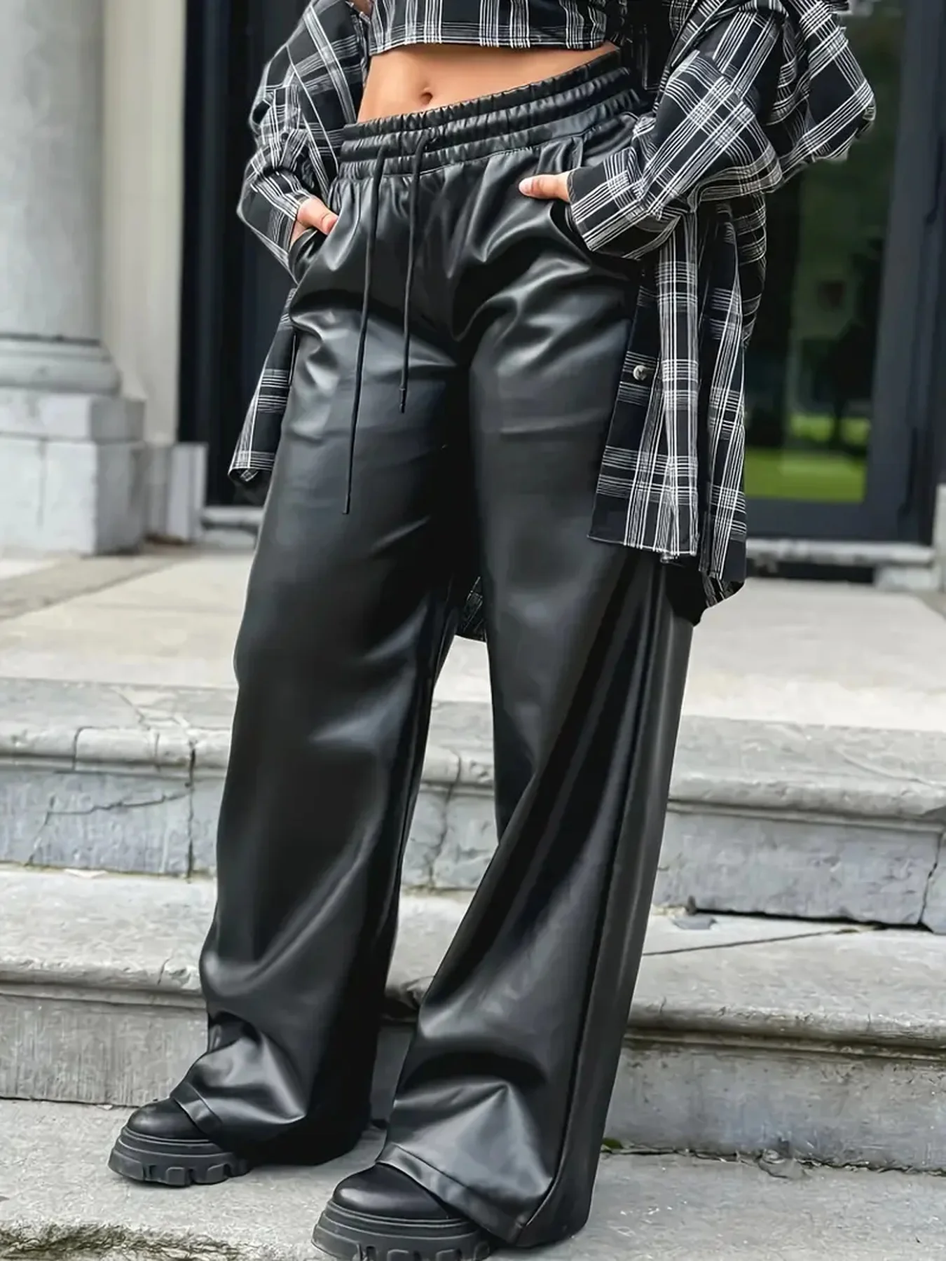 

Casual women's plus size high waisted pocket straight leg pants - black, casual and comfortable, high waisted pants/daily wear