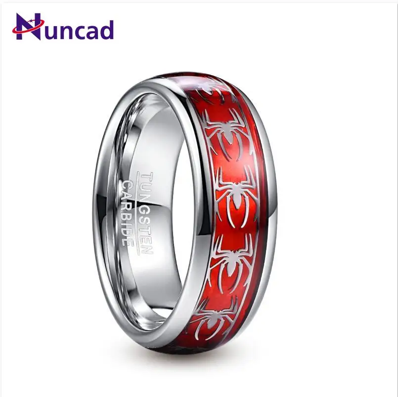 

NUNCAD 8mm Wide Inlaid Red Opal Paper + Spider Motif Tungsten Steel Men's Ring Wedding Band Tungsten Carbide Ring T227R