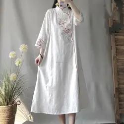 Vestido chinês de linho de algodão gola Stand, vestido solto retrô longo feminino bordado, vestido Qipao manga de três quartos, 2024