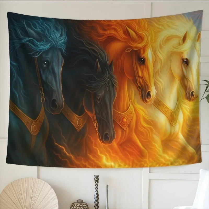 VIKAMA Four Horses Tapestry Wall Hanging Stallion Fire Ice Blue Orange Golden Aesthetic Wall Art Bedroom Living Room Decor