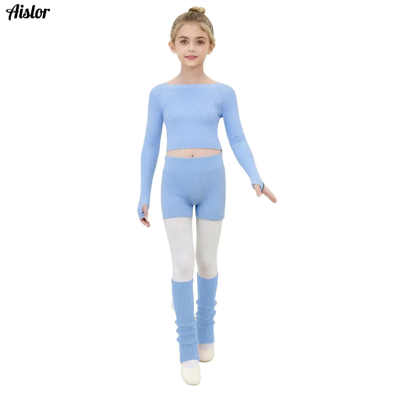 

Kids Girls Ballet Dance Practice Warm-Up Costume Cotton Knitted Outfit Boat Neck Long Sleeve Crop Top+Shorts+Leg Warmers 3Pcs