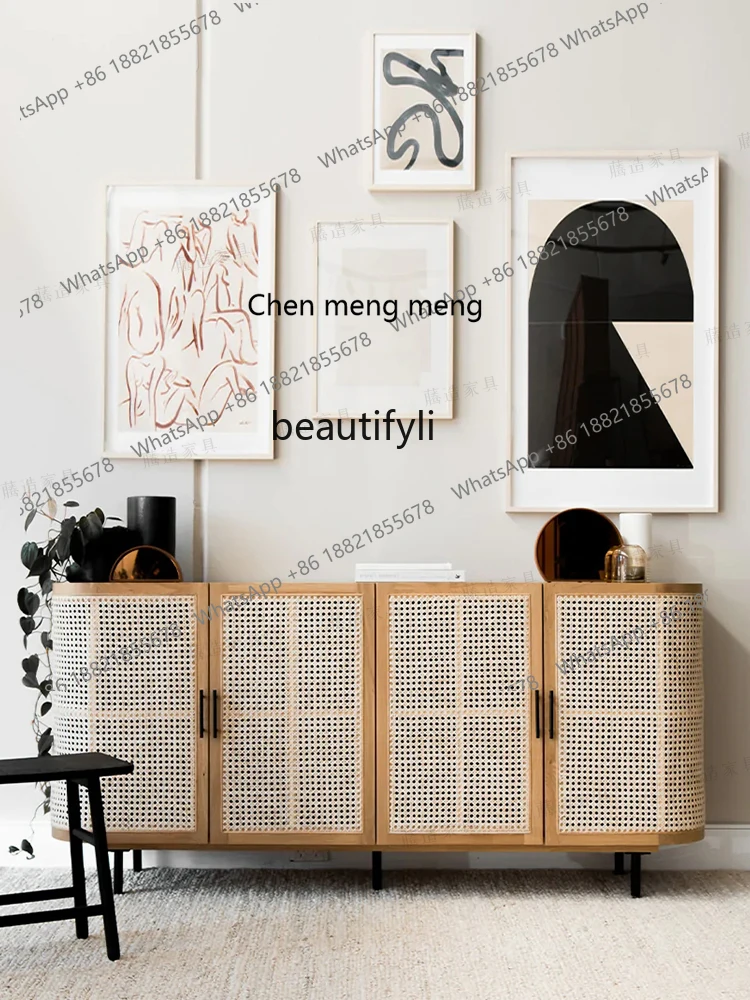 X Sideboard Cabinet Solid Wood Household Entrance Cabinet Retro Japanese Style Log Rattan Storage Tea Chest of Drawers