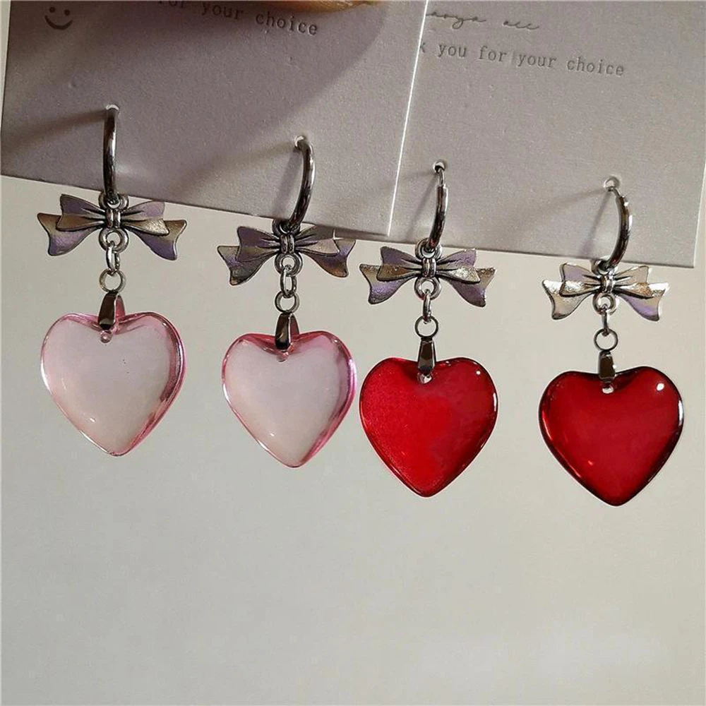 Vintage Puffy Crystal Heart Bowknot Hoop Earrings Red Pink Punk Goth Grunge Fashion Earrings for Women Egirl Jewelry