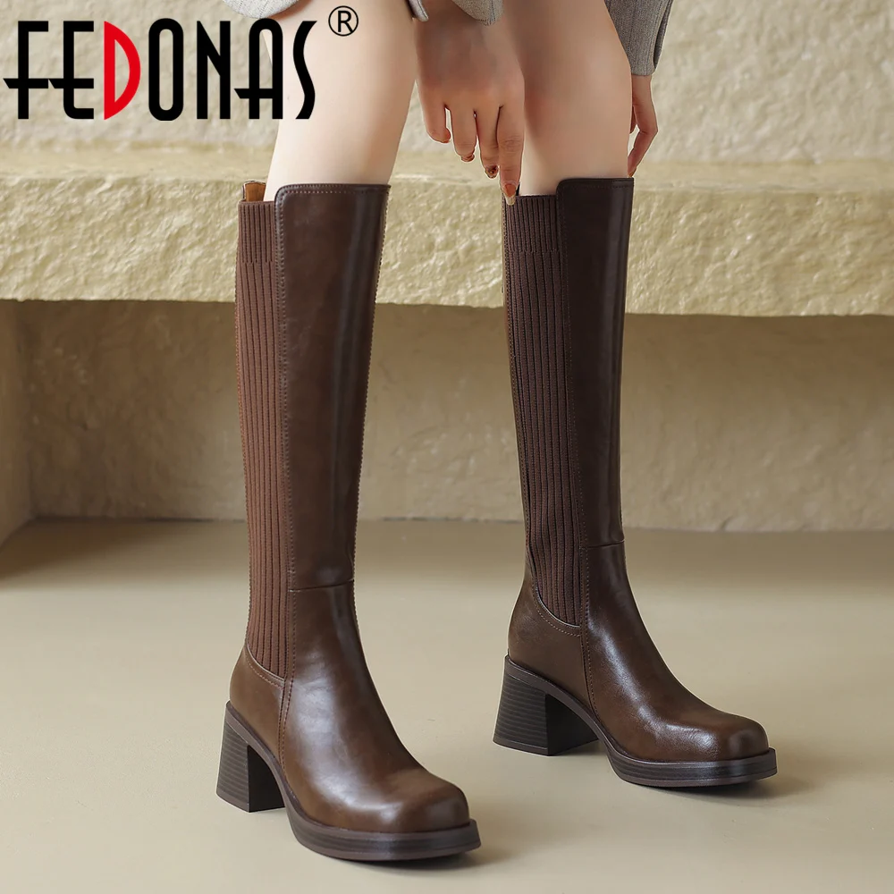 

FEDONAS Splicing Women Knee-High Boots Genuine Leather High Heels Back Zipper Knight Boots Autumn Winter Office Lady Shoes Woman