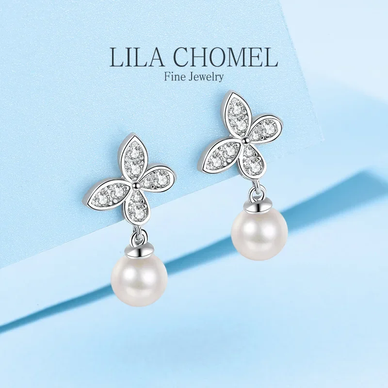 

Luxury White Gold 18K women's drop earrings with 6mm Pearls butterfly wedding earrings Moissanite Diamond birthday gift Classic