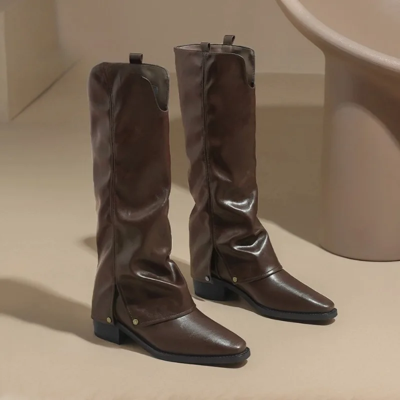 

Женские сапоги до колена, увеличивающие рост, ретро-заклепки, осенняя женская обувь в западном ковбойском стиле, мягкая плиссированная кожа, Botas Mujer