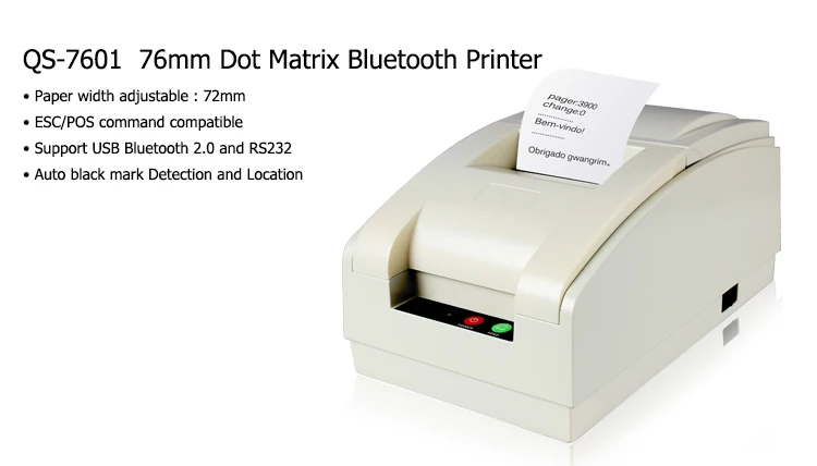 QS7601 Hoge Kwaliteit 76 MM Draadloze 9-Pin Dot Matrix Printer met Draagbare RS232 Interface Draagbare Desktop Printer